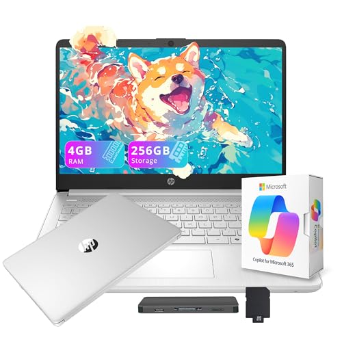 HP Flagship 14' HD Student&Business Laptop with AI Copilot, 13th Gen Intel 4-Core, 4GB RAM, 256GB Storage (128GB UFS + 128GB Docking Station), 1 Year Office 365, 720p Webcam, Win 11, Silver