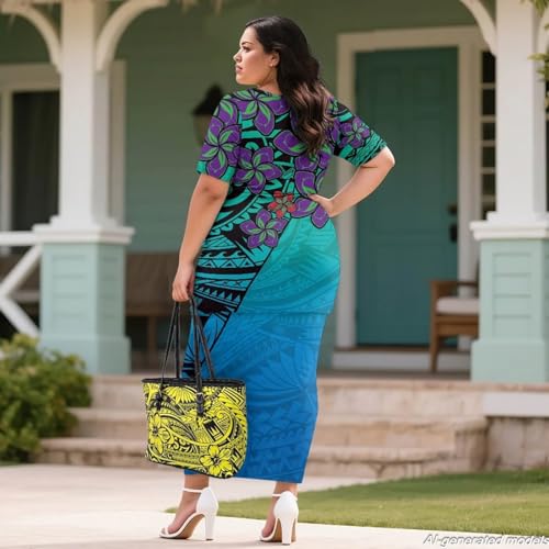 Image of Polynesian Dress for Women Short Sleeve High Waist Maxi Skirt | Puletasi dress, t-shirt and skirt two-piece, elastic material, lightweight, soft, plus size, luau party, wedding, clubwear