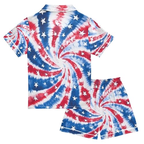 Red Blue Star Tie Dye Summer Pajamas Set Soft Satin Pjs Sets 2 Piece Short Sleeve Sleepwear Casual Clothes2
