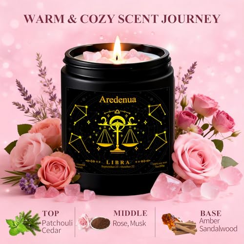 Image of Libra Zodiac Candles with Rose Quartz Crystals, Warm Cozy Scent | Astrology Libra Birthday Gifts for Women Men, Black Gift Box, 7 oz Soy Candle, 50 Hour Burn Time, Black Jar