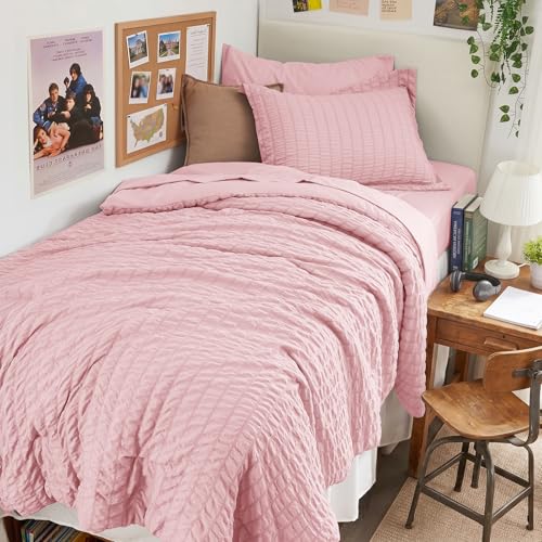 Image of HYMOKEGE Pink Twin XL Comforter Set Seersucker 5 Pieces, All Season Luxury Bed in a Bag for Bedroom, Bedding Set with Comforter, Sheets, Pillowcase & Sham