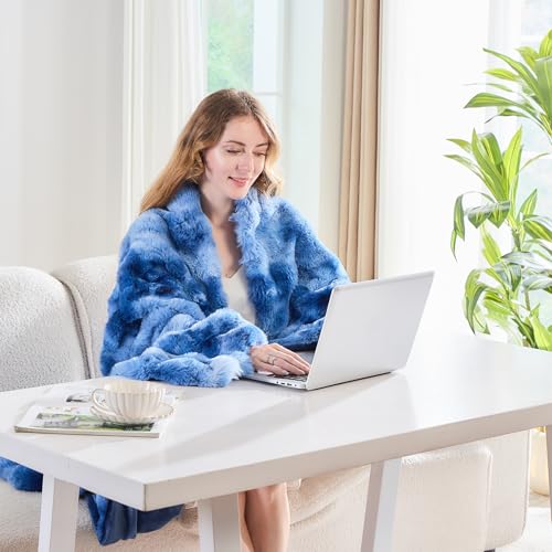 Lotus Karen Faux Fur Throw Blanket Tie-Dye Blue - Big Bubble Rabbit Fluff Blanket for Couch, Large Fluffy Fuzzy Cozy Blanket,Thick Furry Plush Shaggy Blankets,90x90 Inches