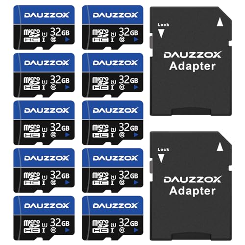 DAUZZOX - Tarjeta Micro SD (32 GB, U1 C10, UHS-I, lectura, máximo 80 MB/s, para smartphone, cámara, vigilancia, grabadora de conducción, con adaptadores, 10 unidades