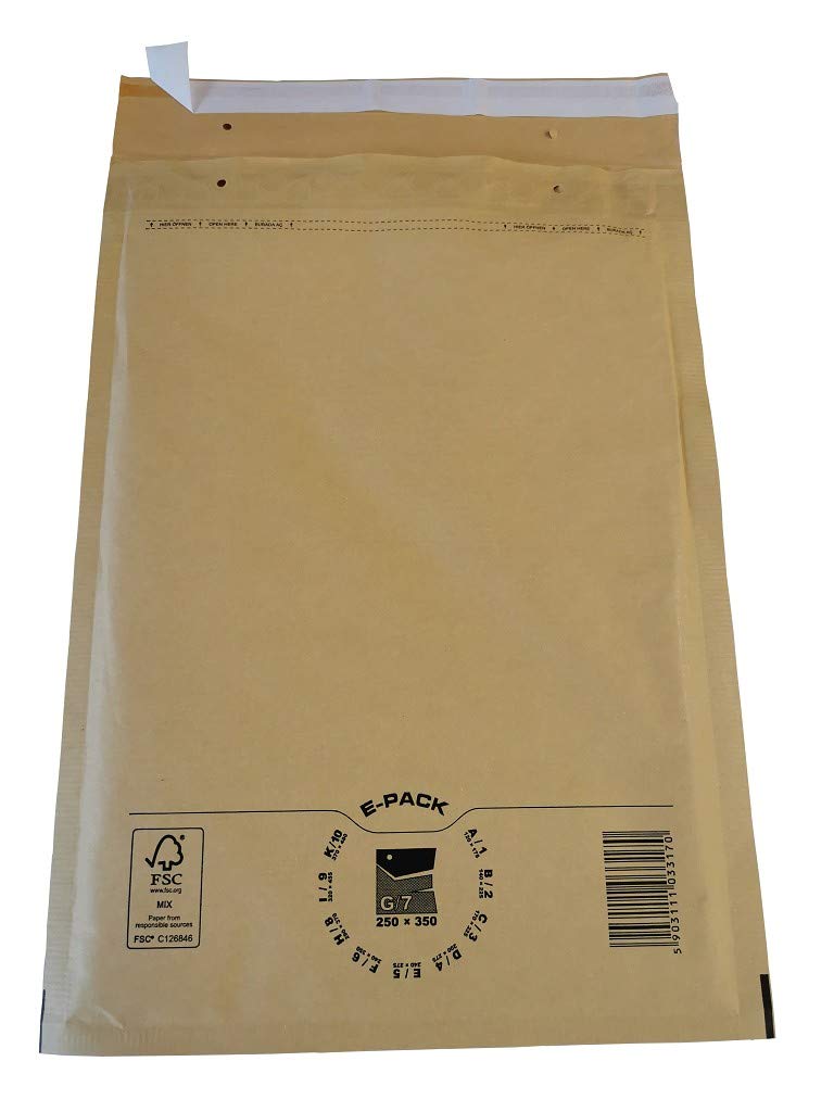 25 Luftpolstertaschen, Luftpolsterumschläge braun Größe G/7 (230 x 340 mm) DIN A4+ / C4 - Graspapier