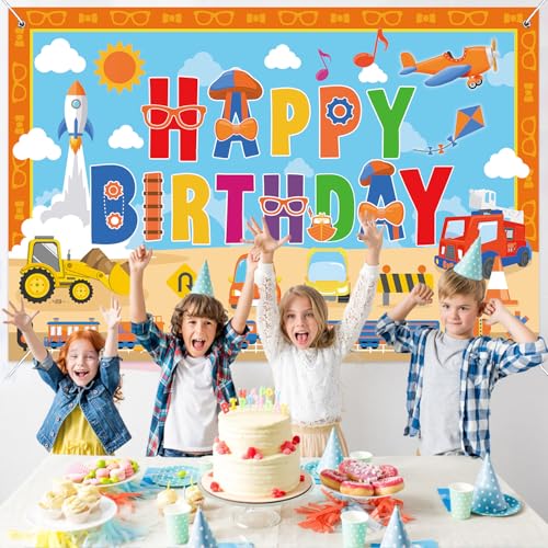 Image of Orange Blue Birthday Party Decorations Backdrop Banner 5x3Ft Vehicle Themed Happy Birthday Decorations Banner Background Photo Booth Props for English Teacher Party Supplies