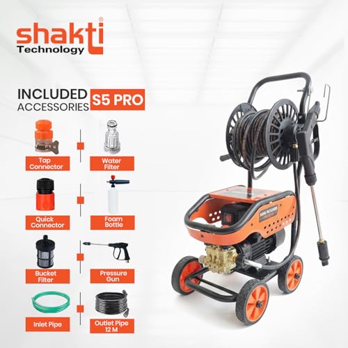 Image of Shakti Technology - S5 PRO High Pressure Washer 2000W (Max 160 Bar) | Adjustable Pressure Knob, Self-Intake & Auto-Stop System | Heavy Duty Car /Bike /Solar Cleaning Machine with 12M Hose Reel