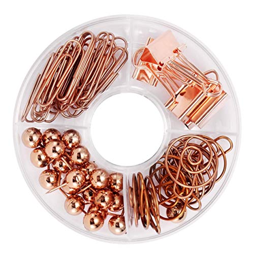 TIENO 65 PCS Office Supplies Set Push Pins Binder Clips 2 Shapes Paper Clips Clamps School Desk Accessories Organizer Rose Gold