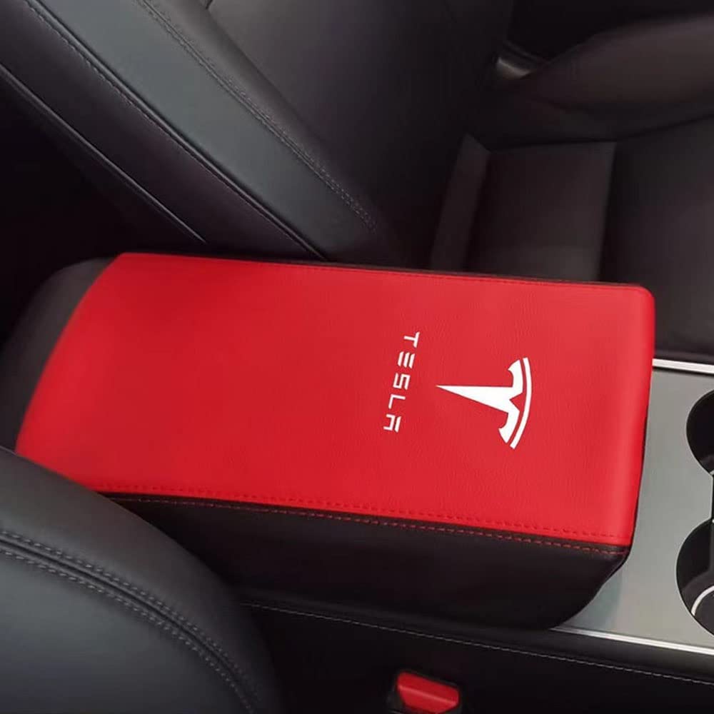 HanTang Car Armrest Cover Compatible with Tesla Model 3 Model Y 2017-2022 2023, PU Leather Center Console Protector Pad Glove Box Cover, Easy to Install, Excellent Quality and Fits Perfectly(Red)