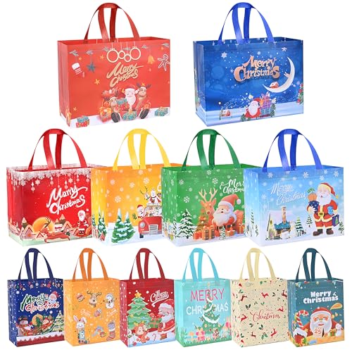 RICEDUO 12 Pack Christmas Gift Bags Assorted Sizes, Reusable Tote Gift Bags Includes 2 Extra Large,...