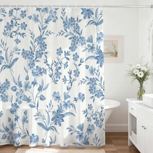 Mocsicka Blue Boho Floral Shower Curtain with 12 Hooks, Spring Blue Leaves Flowers Shower Curtain Spring Floral Bathroom Decor, Waterproof Fabric 72 X 72 Inch