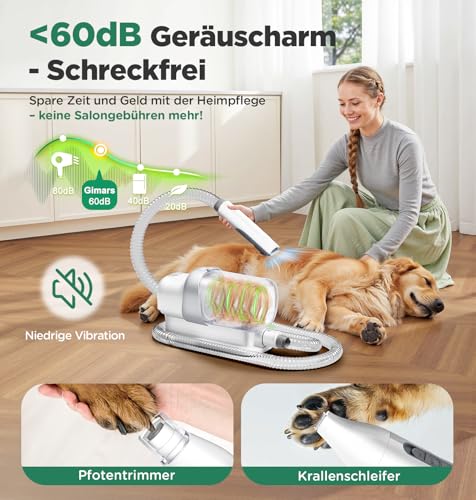 Gimars Hundeschermaschine mit Staubsauger, 2,3L Hundestaubsauger mit 12000 Pa Saugkraft, leises Schermaschine Katze Hund haarschneidemaschine mit 7 Pflegewerkzeugen, Tierhaarentferner mit hundebürste