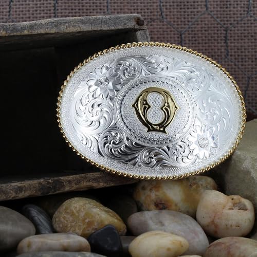 Image of Montana Silversmiths Initial Engraved Gold Trim Western Belt Buckle