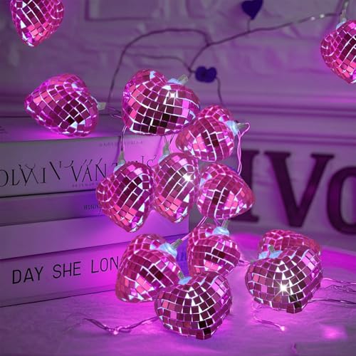Image of 24 Valentine's Day Disco Ball String Lights LED Love-Heart Mirror Disco Ball Ornaments Bachelorette Party Supplies Mini Disco Ball Tree Ornament Disco Ball with String (Pink)