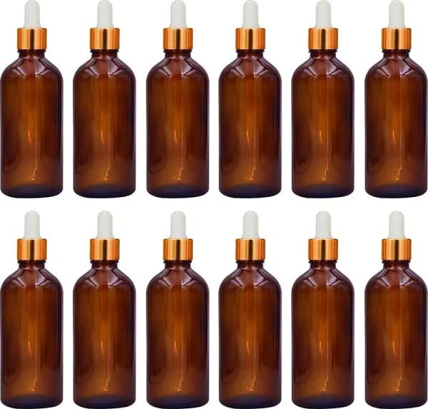 HOMEOTRADE 100ml 12pcs pack Amber Glass Bottles With golden white Glass Droppers;for Essential Oils,Serums,Liquids,laboratory,medicine,eye dropper,cologens,beauty products,cosmetics,reusable,refillab
