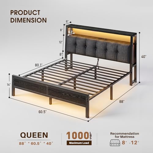 Image of Homkdom Queen Bed Frame with Charging Station and 12 inch Under-Bed Storage | 2AC Outlets&1USB-C&1USB-A,LED Linghts,Upholstered Storage Headboard,Noise-Free,No-Sliding,Supports up to 1000 lbs,Black