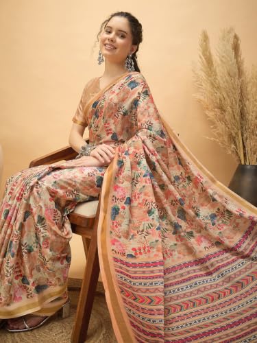 Image of Satrani Women's Floral Printed Silk Saree with Unstitched Blouse