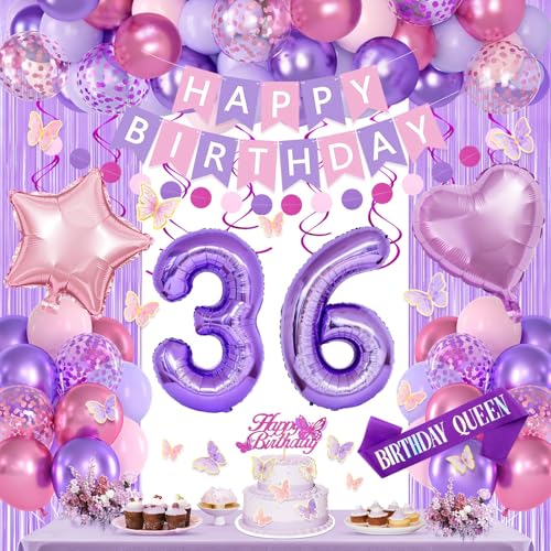 36th Purple Birthday Decorations for Women, Pink and Purple Happy 36 Birthday Party Decorations with Happy Birthday Banner, Number Foil Balloons, Butterfly Cake Topper for 36th Party Supplies by Miidenks - Used condition - US$14.48