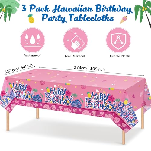 Image of Oudain 5 Pcs Cartoon Birthday Party Disposable Tablecloth Decoration Hawaiian Hibiscus Tropical Leaves Pattern Table Cloths 108'' x 54'' Luau Plastic Waterproof Rectangular Covers for Party (Pink)
