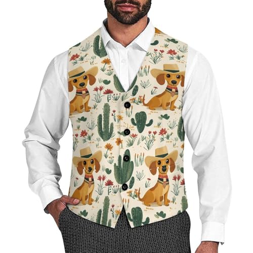 Vintage Cactus Dachshund Men's Suit Vests Business Formal Dress Vest V-Neck Waistcoat for Wedding Casual