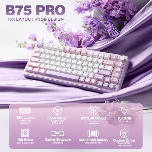 YUNZII B75 PRO Wireless Mechanical Keyboard,75% Layout with Knob,Hot Swap Gasket Custom Structure,Creamy Pre-lubed Switches,RGB Backlit,Bluetooth/Type-C/2.4G for Win/Mac(Milk Switch,Purple)