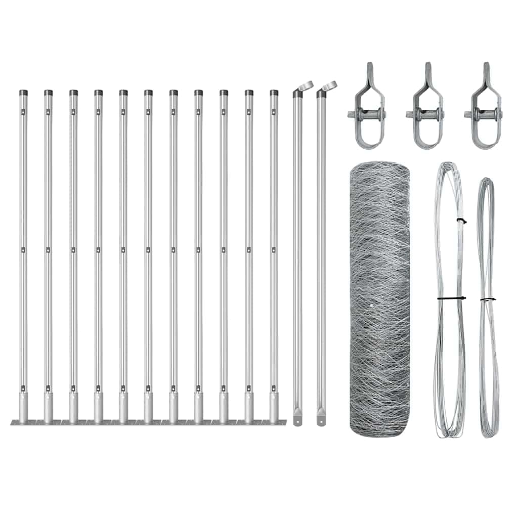 Fence Post Silver 25 x 0.6 m 50 mm Mesh Steel Heavy Duty Garden Security Fence Set Weather Resistant Corrosion Proof Outdoor Boundary Post Kit for Pet Enclosure Terrace and Yard Protection