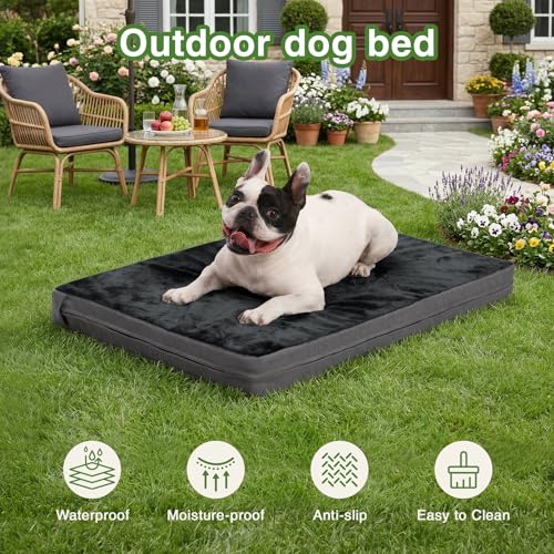 Image of Waterproof Dog Bed Medium Size Dog, Washable Orthopedic Foam Crate Pad 30 inch | Outdoor Pet Bed, Reversible Faux Leather & Flannel, Durable Removable Cover, Anti-Slip Kennel Pad 29 inchx18 inch Dark Gray