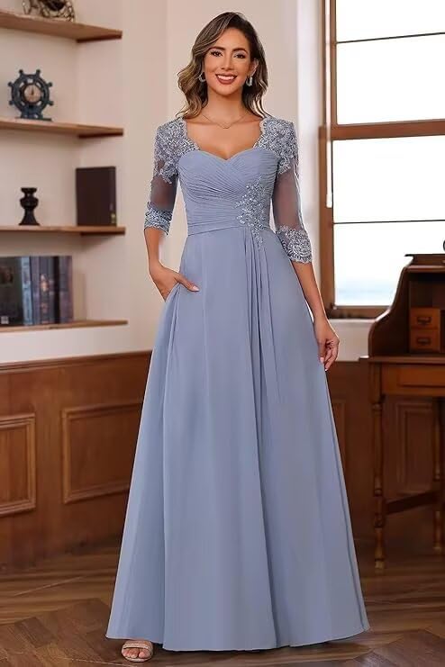Lace Appliques Chiffon Mother of The Bride Dress Long Sweetheart A-Line Mother of Groom Dress for Women AU0963