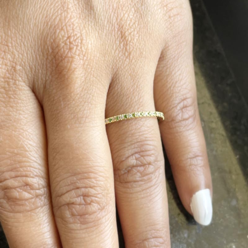 Round Cut Green Peridot & White Diamond Full Eternity Ring For Women, 14K Gold Plated 925 Silver September Birthstone Green Peridot Full Eternity Wedding Anniversary Matching Band