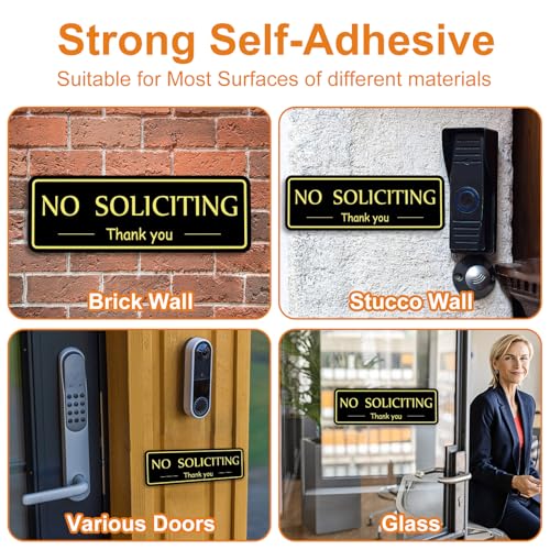 Image of MOWPOG 2 Pack No Soliciting Sign Sticker for House Front Door, Black /Gold | 7.9 inchx2.8 inch Thick Acrylic, Strong Self-Adhesive, Weatherproof & Sturdy, for Home, Office, Wall, Keep Solicitors Away