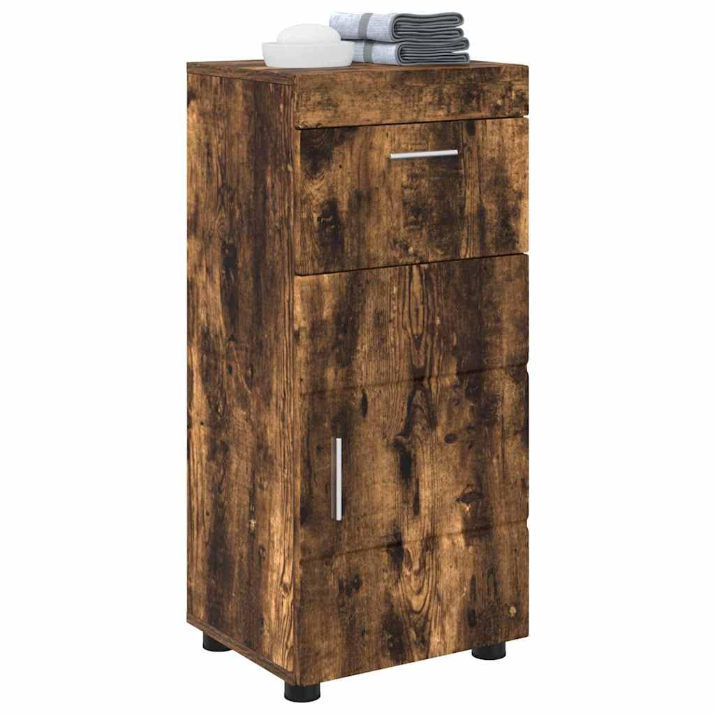 Tulum Armario de baño de roble ahumado, armario de baño con puerta, acabado mate, 37 x 31,5 x 82 cm, compacto vanidad para espacios pequeños, mucho espacio de almacenamiento, fácil montaje