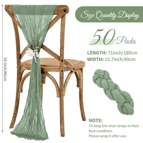 Teruntrue Cheesecloth Chair Sashes Aisle Decorations 50 Packs, Chair Decorative Chair Cover Chair Sashes 70 Inch for Wedding Reception Party Hotel Decoration(Sage Green)