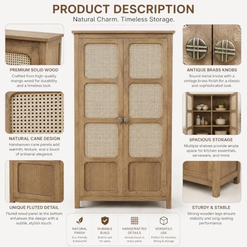 Image of The Attic Crestwood 2 Door Kitchen Cabinet, Multipurpose Cabinet for Bedroom Living Room Study bar, Solid Wood Bookshelf Kitchen Cabinet, Light Teak Matte Finish Cane