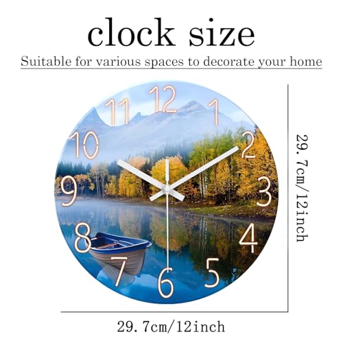 Image of XFM Natural Landscape Wall Clock 12 Inch Lake Boat | Silent Non-Ticking Battery Operated Modern Glass Nature Decorative for Living Room Kitchen Bedroom Office