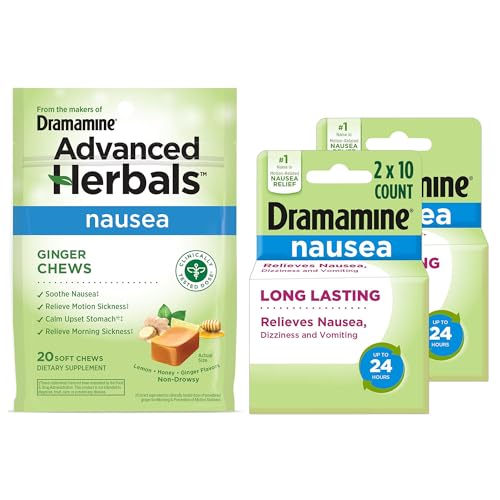 Image of Dramamine Nausea Ginger Chews, 20 Soft Chew and Long Lasting Relief Formula, 18 Count (Pack of 2)