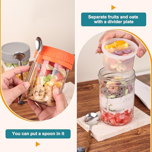 Image of 6 Pack Overnight Oats Containers with Lids and Spoons, 16 OZ Glass Mason Jars with Removable Separate Compartments, Airtight Leak Proof Oatmeal Container for Chia Pudding, Yogurt, Breakfast, Cereal