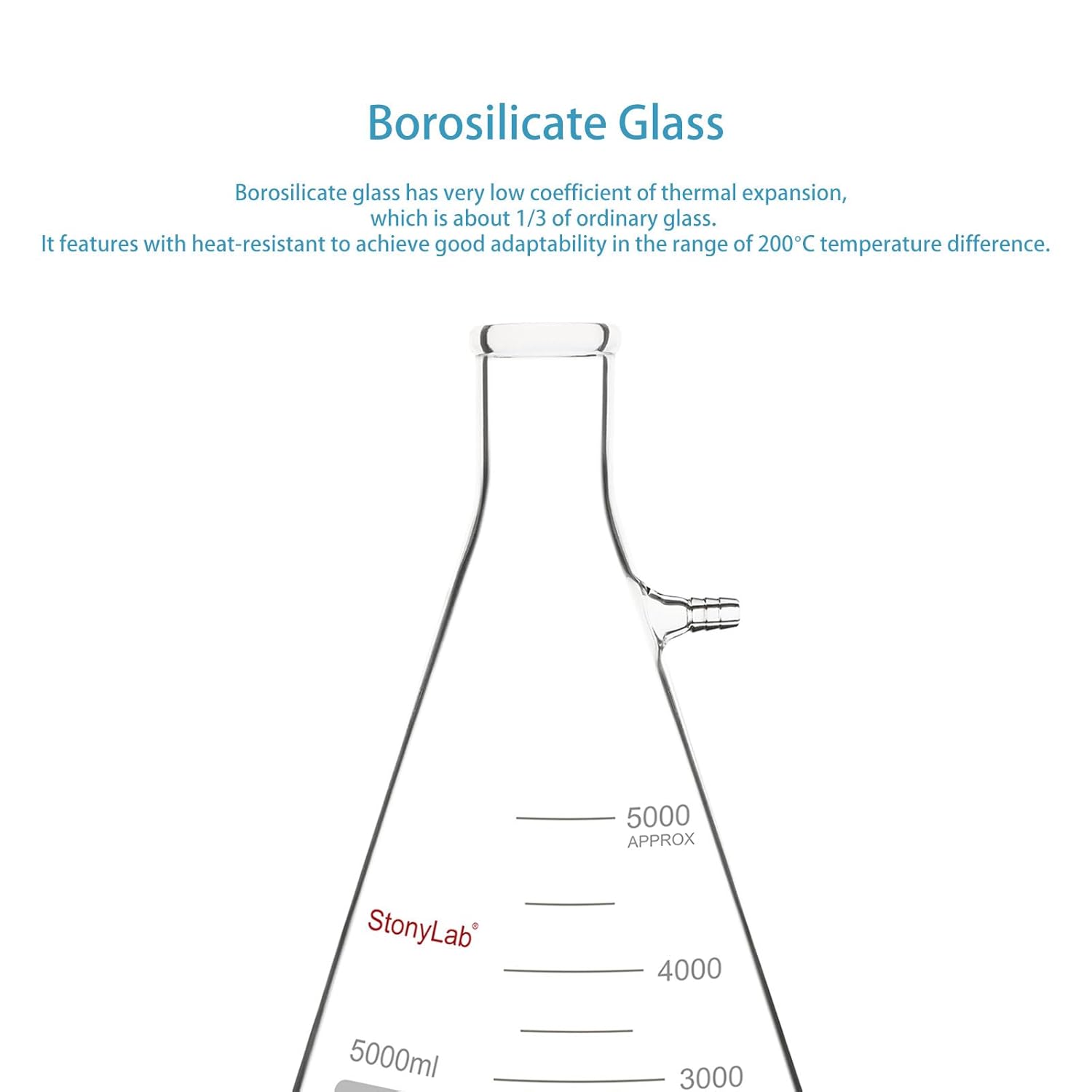 StonyLab 5000ml Borosilicate Glass Filtering Flask, Bolt Neck with Tubulation, 5L (5 Liter)