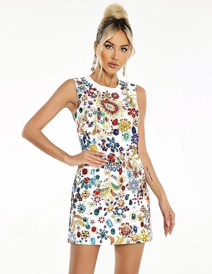 BELLA BARNETT Diamante Sequin Embroidery Floral Beaded Tea Party White Cocktail Trendy Elegant Sleeveless Vintage Dress2