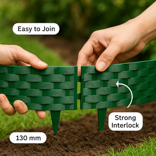 Image of Woven Garden Border Fence - Interlocking Edging Panels | Flexible Weave Fence for Flower Beds, Lawns & Pathways (Brick Design (10 Pcs), Terracota Brown)
