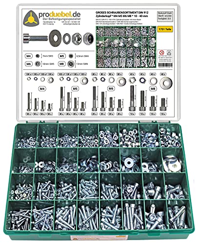 Großes Schrauben-Sortiment DIN 912 Zylinderkopf M4/M5/M6/M8 Stahl verzinkt 8.8 (DIN912+934+985+125+9021) 1751-tlg (Standard-Box)