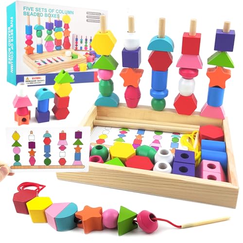 Guopai Jouet Montessori 3 en 1 pour Enfants 2 3 4 Ans Perles en Bois à Enfiler, Jeu de Tri et Empilage, Jeux Éducatifs Développement Motricité Fine et...
