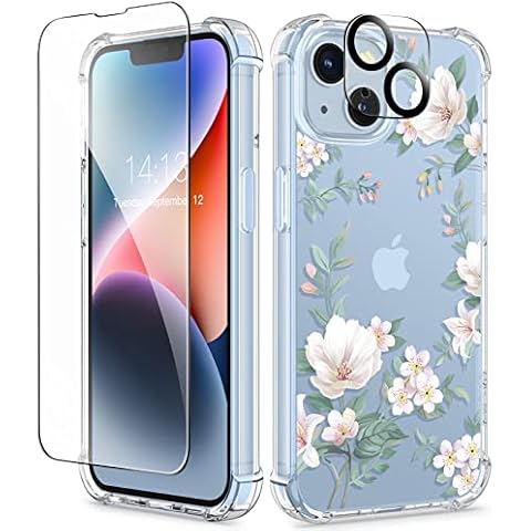 GVIEWIN Compatible with iPhone 14 Case 6.1 Inch 2022, with Tempered Glass Screen Protector+Camera Lens Protector, Flower Clear TPU Slim Bumper Shockproof Protective Soft Phone Cover, Magnolia/White Cover