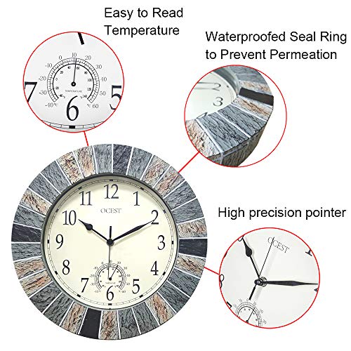 Ocest 13 Inch Large Outdoor Indoor Clock, Waterproof Wall Clock With Thermometer, Weather-Resistant Non-Ticking Battery Operated Decor Clock For Patio, Pool, Lanai, Fence, Porch, Garden（Brown） #TOP3