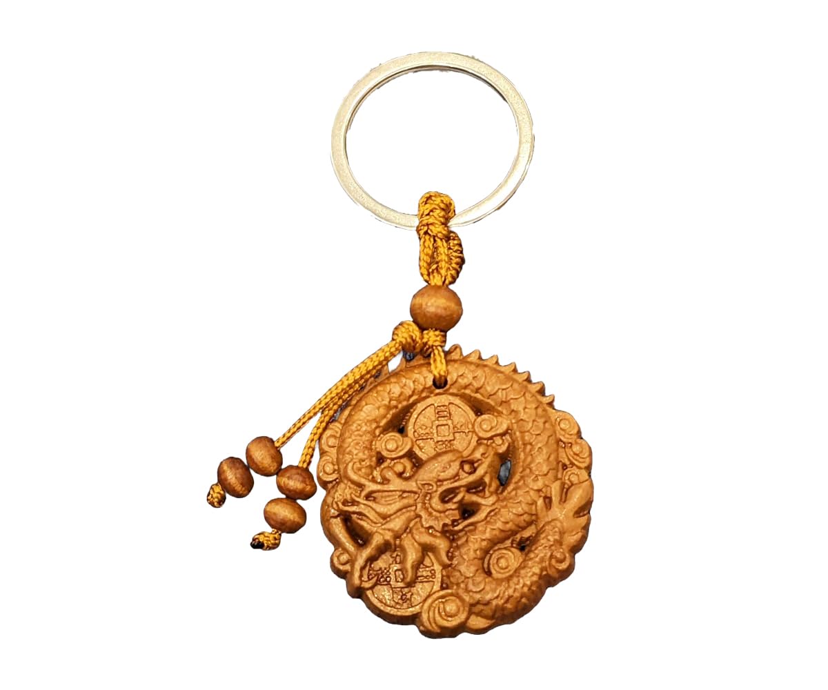 Luck Trader Women's Brown Dragon Chinese Zodiac Lunar New Year Hand Carved Mahogany Wood Keyring Keychain