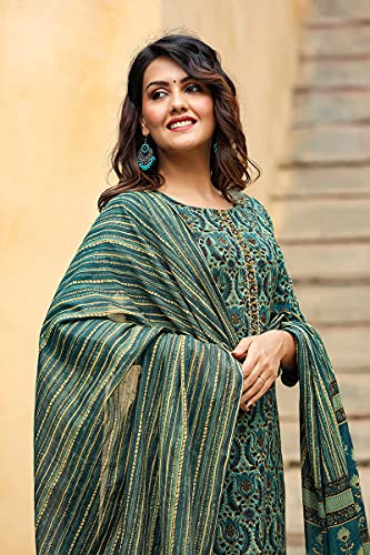 Vaamsi-Womens-Cotton-Blend-Printed-Kurta-Pant-Dupatta-Set-VKSKD1171Green