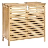 Funcional y elegante, este mueble bajo lavabo de dos puertas es ideal para guardar toallas de baño y accesorios de belleza en tu cuarto de baño. Su diseño hará que tu cuarto de baño sea un estilo escandinavo. FICHA TÉCNICA - Estructura del mueble bajo lavabo de bambú. - Equipado con 2 puertas para guardar toallas de baño y accesorios de belleza. Características técnicas: - Tamaño: L. 60 cm. Ancho: 28 cm. Altura: