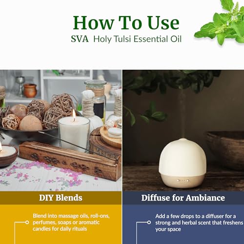 Image of SVA Holy Tulsi Essential Oil in Glass Bottle, 1 /3 Fl Oz (10 ml) | Holy Tulsi Essential Oil for Diffuser, Hair Care, Skin Care, Massage, Soap Making, Perfume Making, Fragrance & DIY Blending