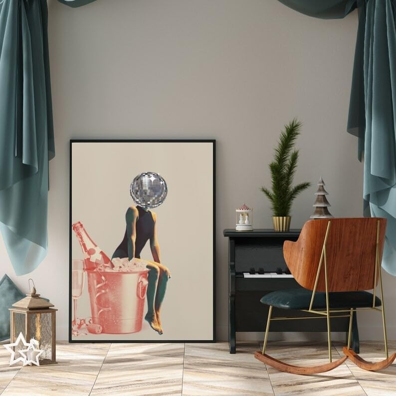 Miniatura 3 de Póster de cabeza de bola de disco Funky Disco Impresión en lienzo Póster retro de los años 70, arte de pared de bola de espejo de lujo, arte de