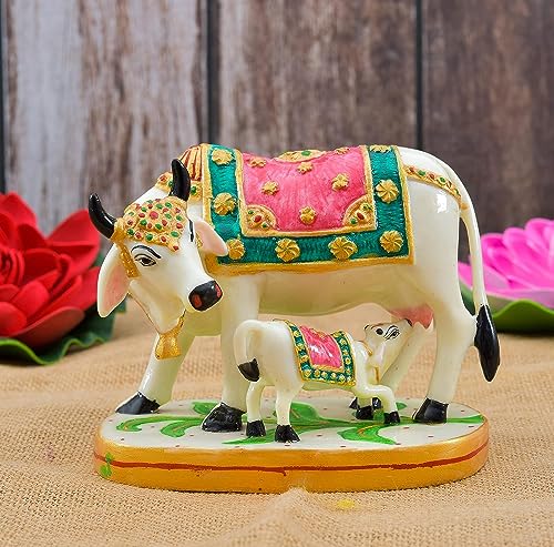 Image of SEVLIYA Traders Polyresin Jai Cowstatue /Showpiece /Murti Gift & Home Decor Marble Dust, Showpiece For Home Decor, Handmade Divine Cow, Mother Cow With Baby Calf, Kamdhenu 7X4 Inch, White