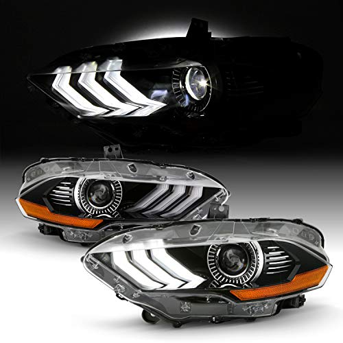 AKKON - Fits 2018-2022 Ford Mustang LED Tube [Factory Style] Projector Black Headlights Pair Headlamps Driver + Passenger