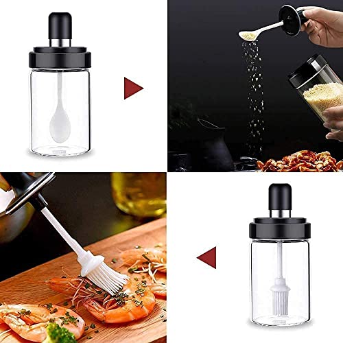 Image of LISHER Borosilicate Glass Spice Jars and Brush Jar with Spoon Setand Olive Oil Bottle with Brush Combo for Kitchen & Restaurants Airtight Cap (Brush+Spoon, Pack of 2, 250ML), Transparent